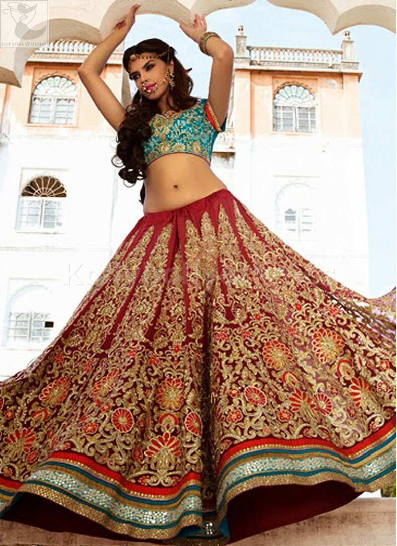 red green combination bridal lehenga